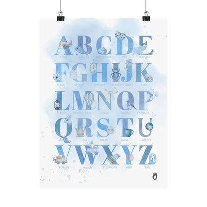 Affiche alphabet en français — Aquarelle bleue | Décoration chambre enfant
