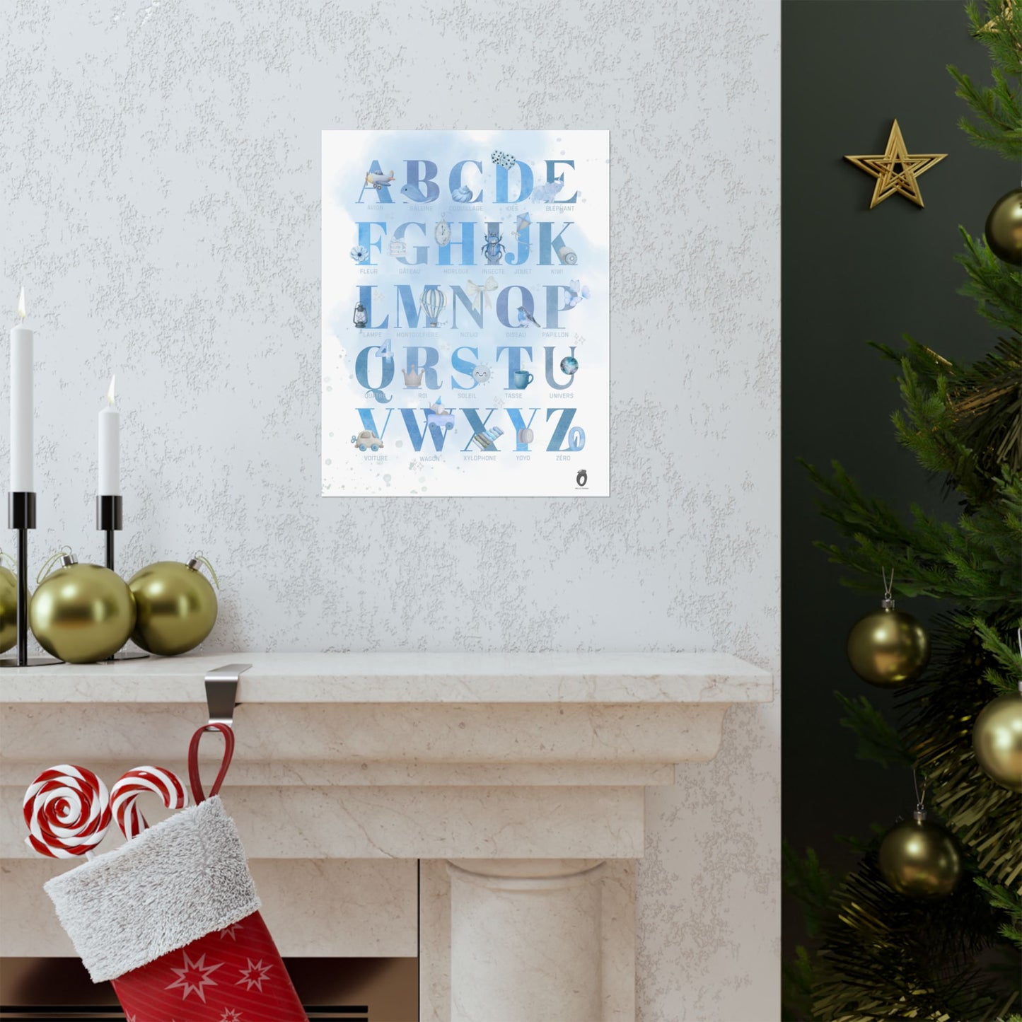 Affiche alphabet en français — Aquarelle bleue | Décoration chambre enfant