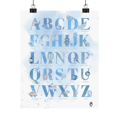 Affiche alphabet en français — Aquarelle bleue | Décoration chambre enfant