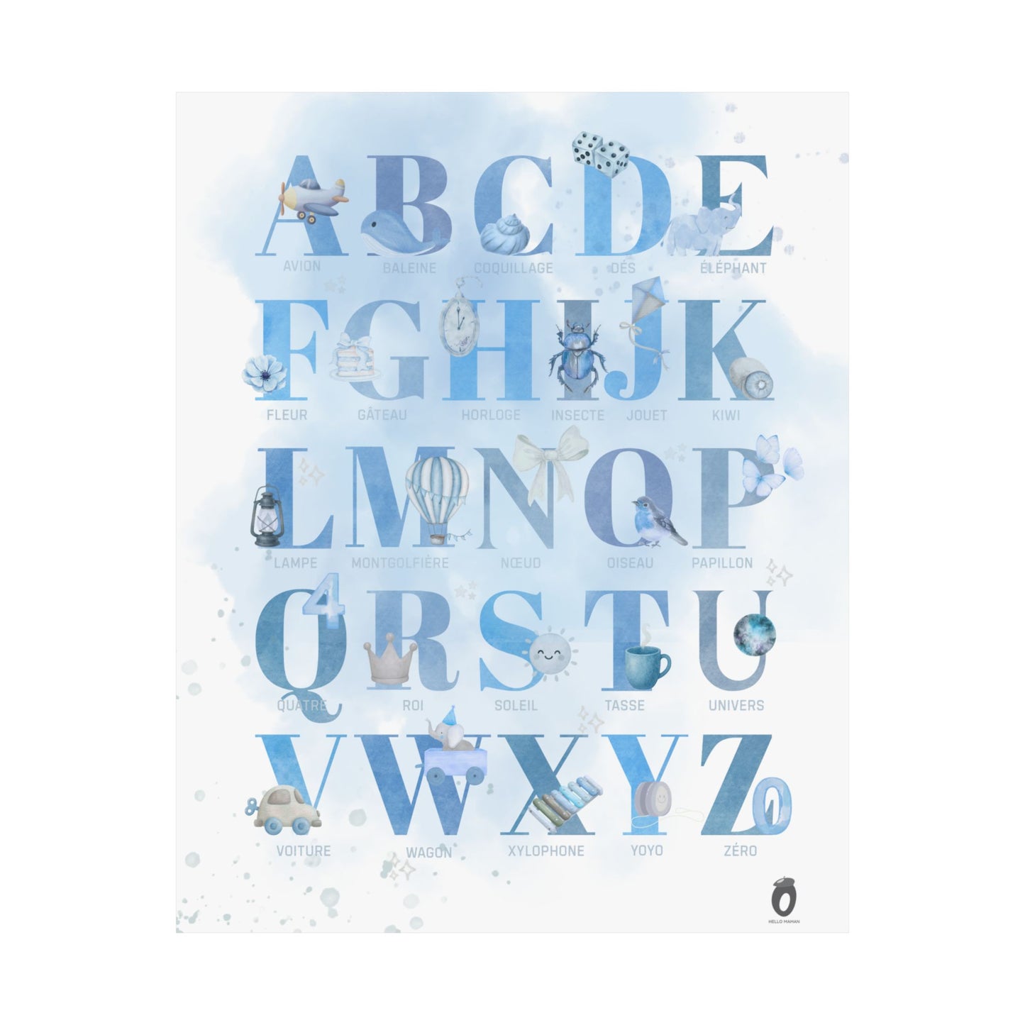 Affiche alphabet en français — Aquarelle bleue | Décoration chambre enfant