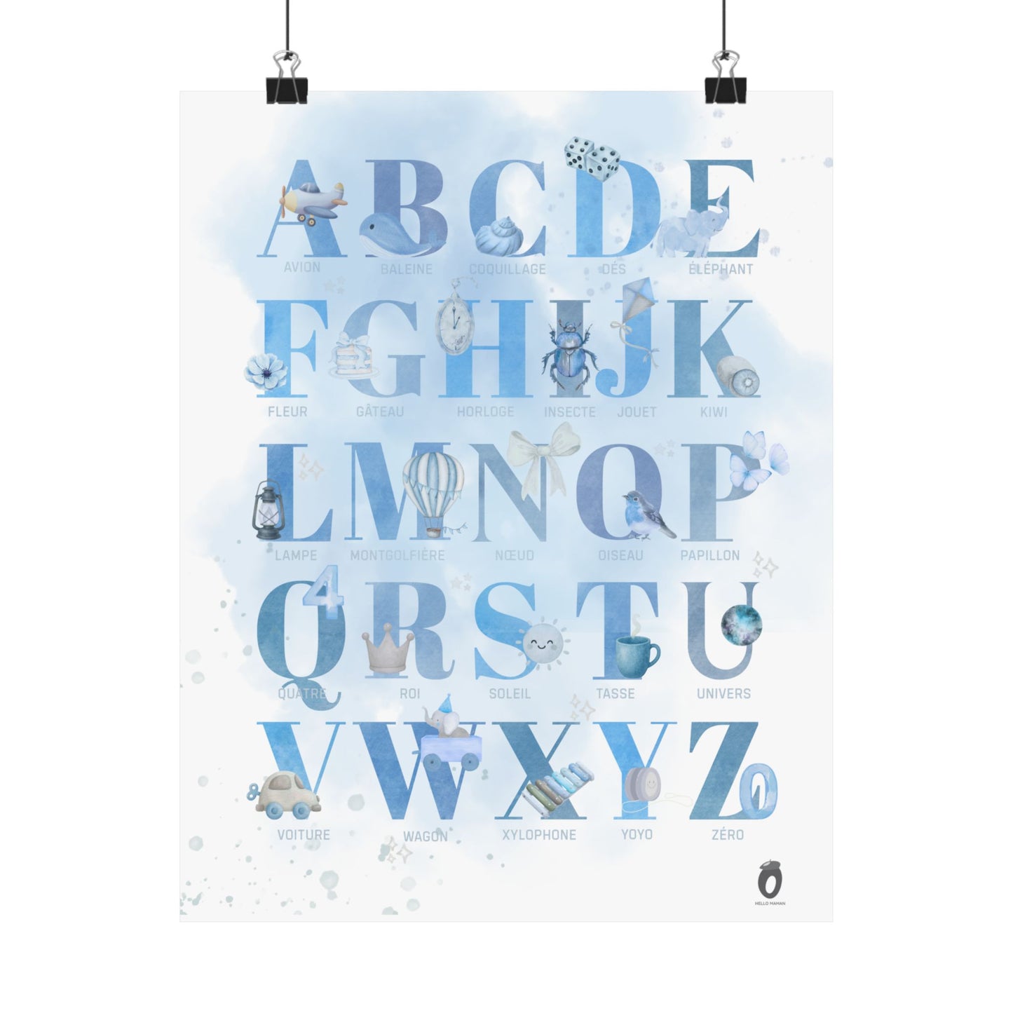 Affiche alphabet en français — Aquarelle bleue | Décoration chambre enfant
