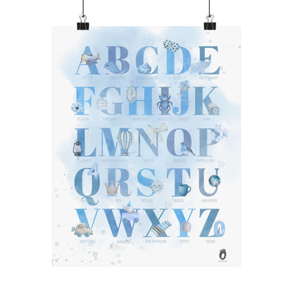 Affiche alphabet en français — Aquarelle bleue | Décoration chambre enfant