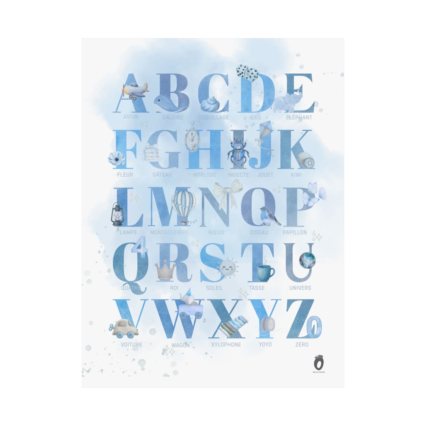 Affiche alphabet en français — Aquarelle bleue | Décoration chambre enfant